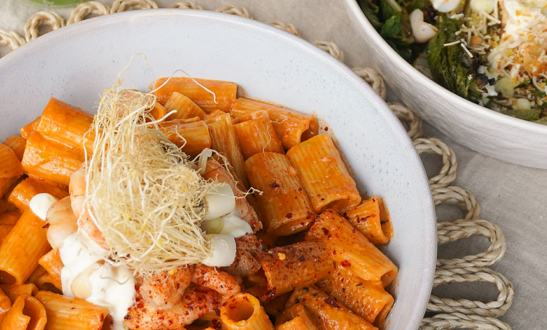 Prawn Bisque Pasta & Grilled Caesar Salad WOMAN